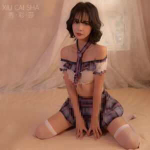 One-Shoulder See-Through Schoolgirl Costume Set with Plaid Skirt, Tie and Thong