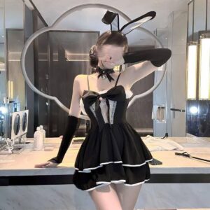 Maid & Bunny Girl Cosplay Lingerie Set with Black Bell Collar, One Size