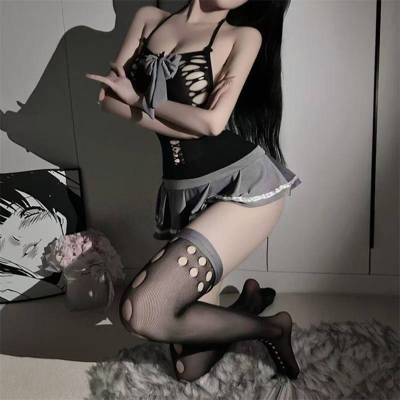 Mesh Student-Style Role-Play Lingerie Set with Matching Stockings, Polyester Patchwork Dress - Image 4