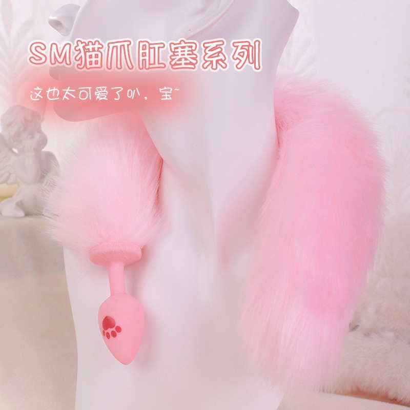 Fox Tail Anal Plug with Silicone Base, Pink and White, Small Size for Adult Couples - Image 4