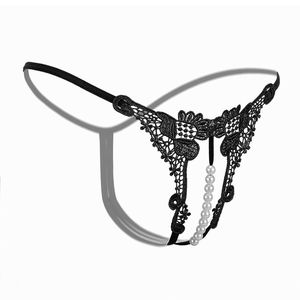 Women's Embroidered Open-Crotch G-String with Pearl Detail, Sheer Hollow Design, Rose Red, One Size - Image 5