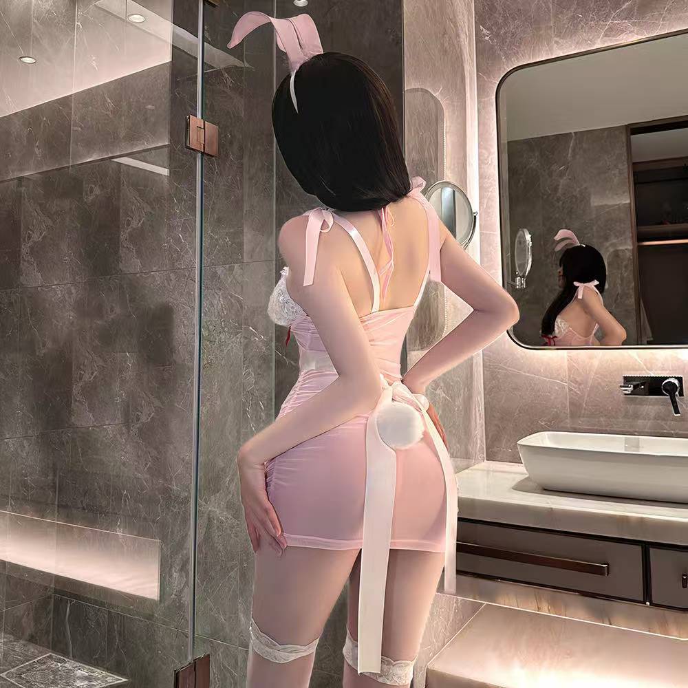 Maid & Bunny Girl Cosplay Lingerie Set with Headband, Apron, Tail and Thong - Image 2