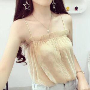 Women's Ruffled Pleated Chiffon Camisole, Sleeveless Tummy-Concealing Summer Top, Pink
