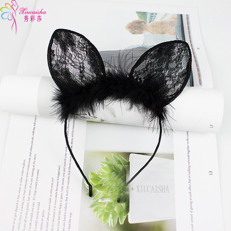 Bunny Ear Headband with Lace Eye Mask, Black Plush Costume Accessory Set - Image 4