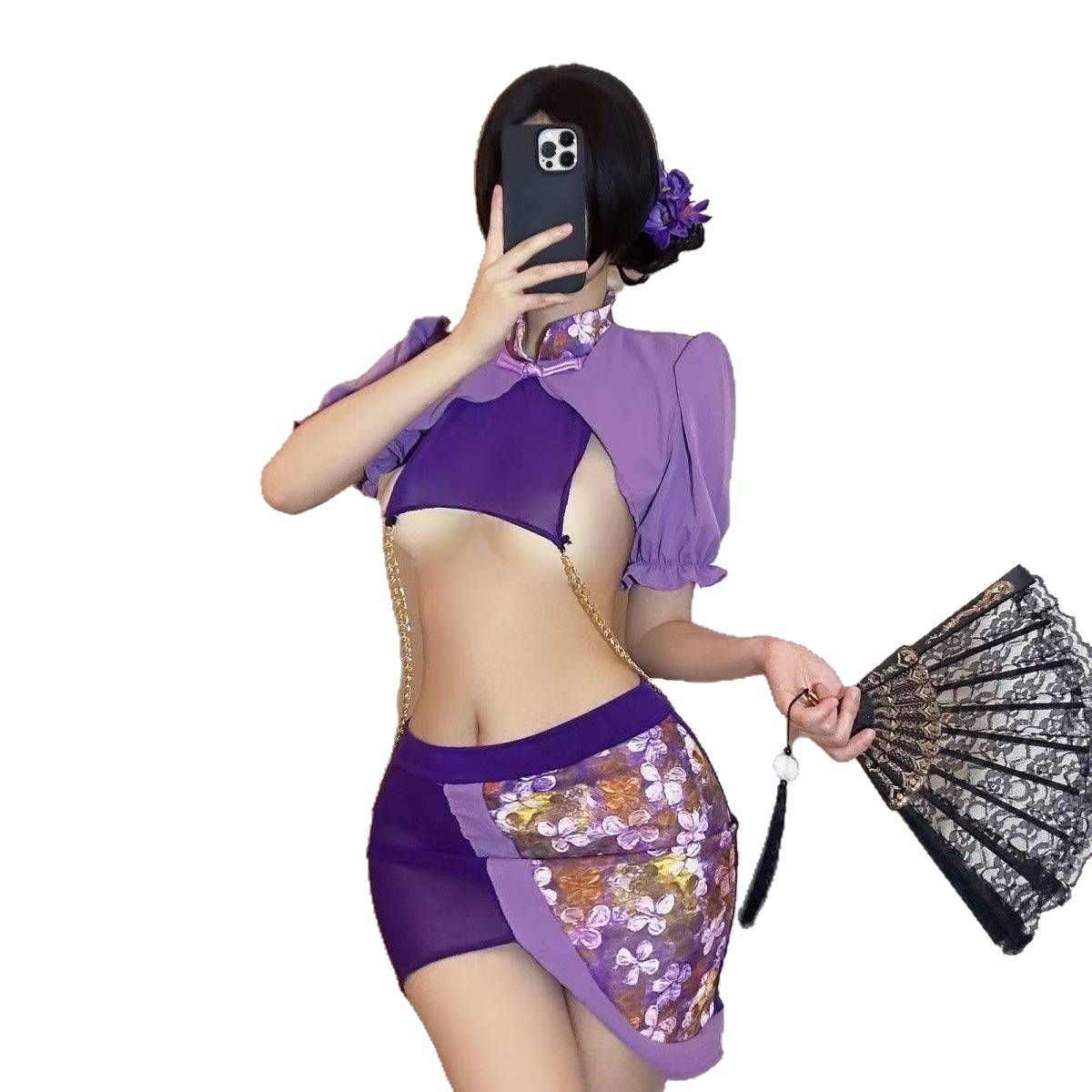 Retro Open-Chest Cheongsam Lingerie Set with Pull Chain, Purple Mesh Polyester, One Size - Image 5