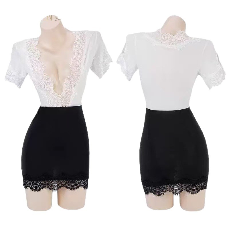 Secretary Role-Play Lace Bodycon Dress, White Uniform Lingerie, One Size - Image 5