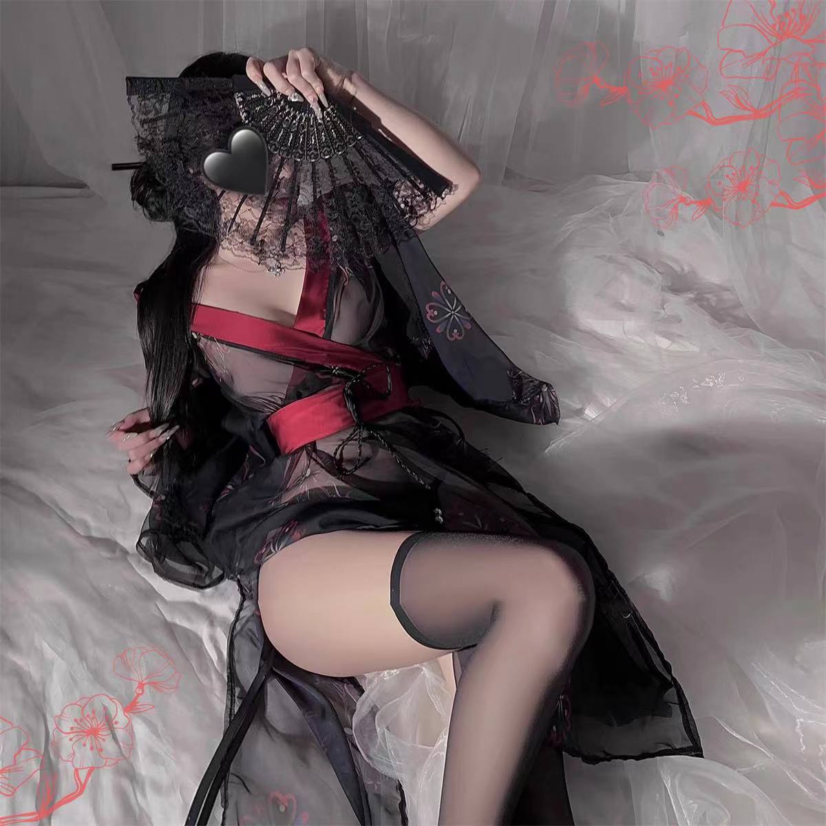 Sexy Kimono-Style Roleplay Lingerie Set with Obi Belt and Panties, Sheer Mesh - Image 3