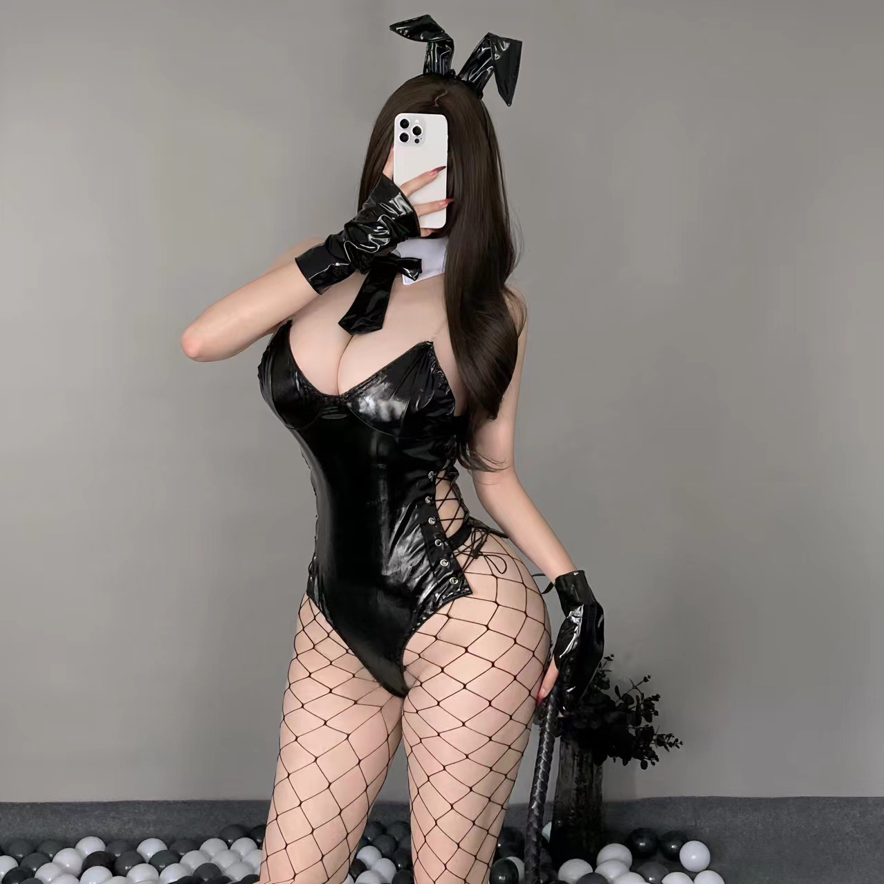 Bunny Girl Leather-Look Uniform Set with Open-Crotch Bodystocking and Gloves - Image 3