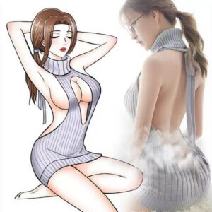 Plus Size Backless High-Cut Knit Sweater Lingerie Set, Turtleneck Black One Size