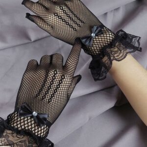 Women's Black Stretch Lace Hollow Fashion Gloves for Evening and Costume Wear