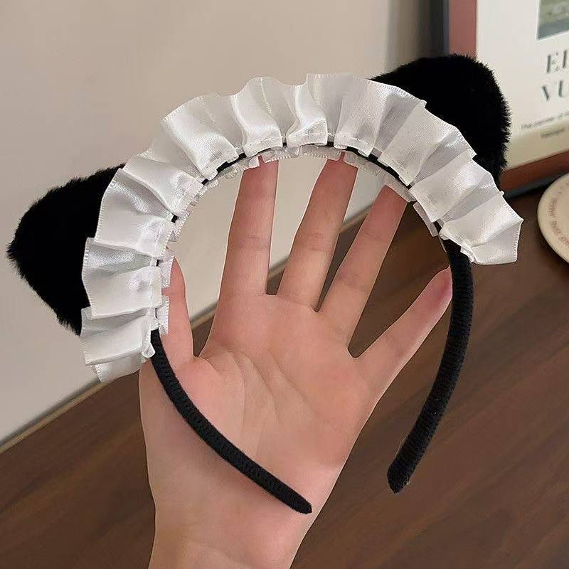 Cute Lolita Cat Ear Headband for Women, Plush Cat Girl Cosplay Hairband, White Maid Animal Ear Headwear - Image 3