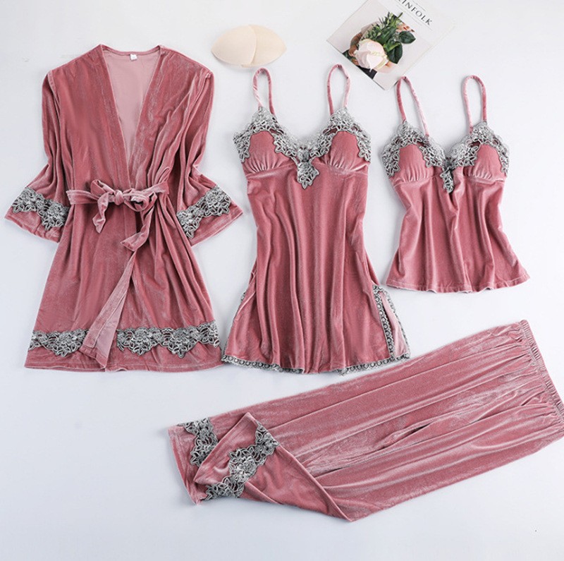 Women's Lace Pajama Set with Gold Velvet Finish, Five-Sleeve Top and Seven-Point Pants, Royal Blue XXL - Image 2