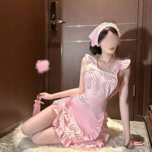 Pink Polka Dot Maid Apron Set with Headscarf, Sheer Polyester Roleplay Uniform