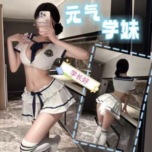 Sailor Maid Role-Play Lingerie Set with Top, Skirt and White Open-Crotch Stockings