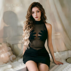 See-Through Mesh Babydoll Set with Skirt and Black Lace Blindfold, One Size