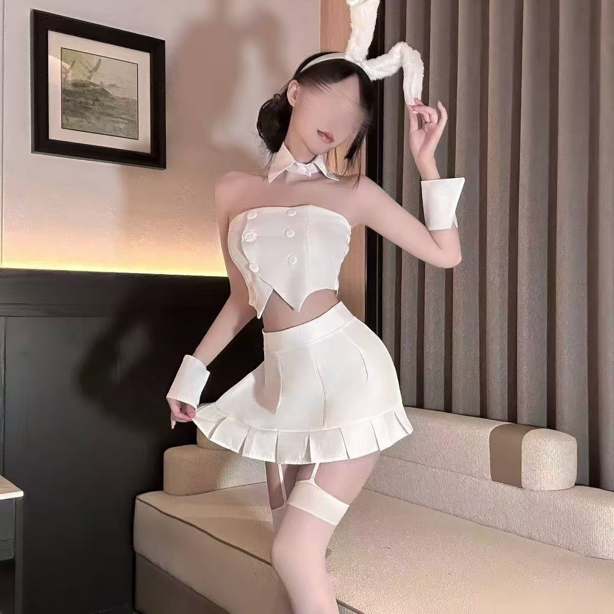 Pure Lust See-Through Mesh Cosplay Pajama Set with Top, Skirt and Arm Sleeves - Image 4
