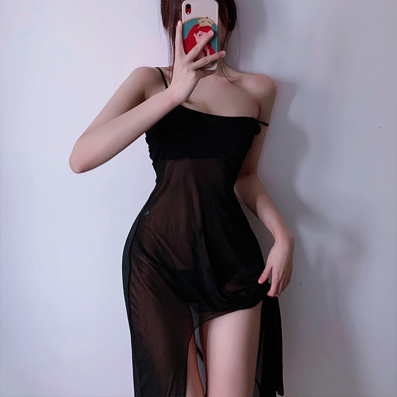 Women's Sheer Mesh Sling Nightgown with Slit, Long Babydoll Dress with Thong, Black One Size - Image 4