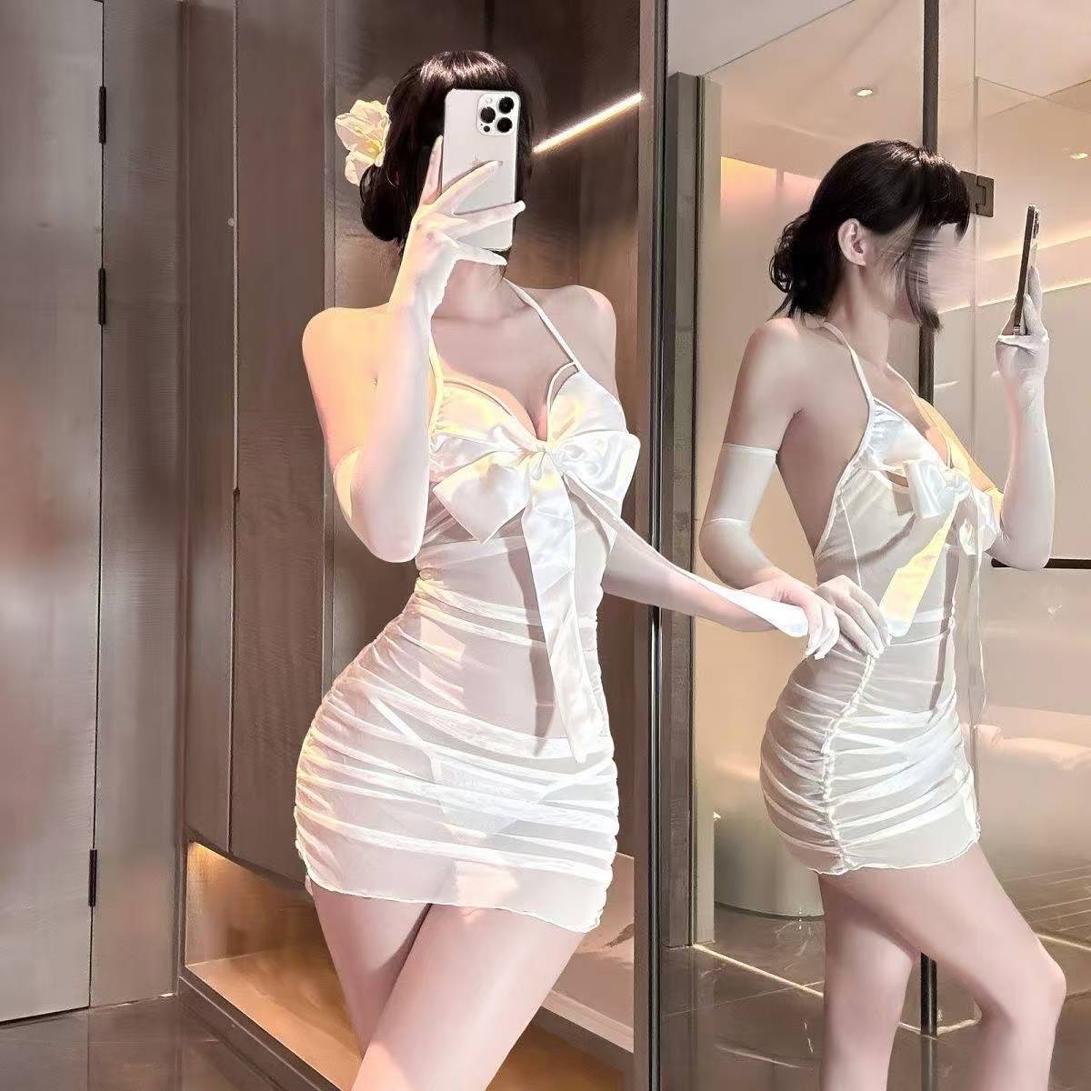 Sheer Mesh Maid-Style Babydoll Nightgown with Bow-Knot Detail and Matching Gloves - Image 2