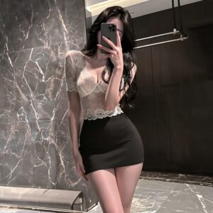 Deep V Lace Secretary Lingerie Set with Sheer Top, Mini Skirt and Thong