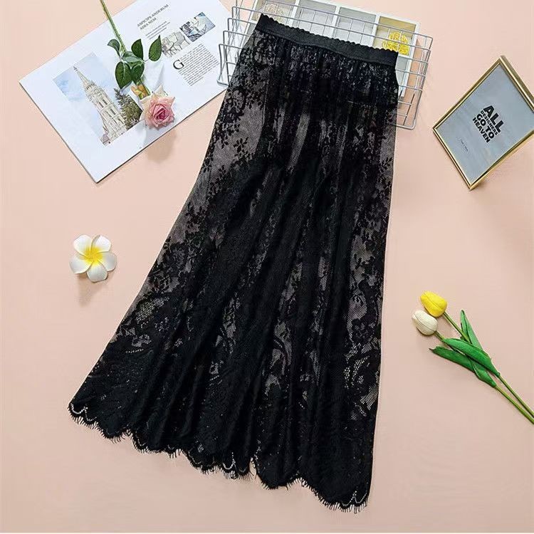 White Lace Cheongsam Set with Petticoat, Mesh Half-Skirt and Black Underdress - Image 2