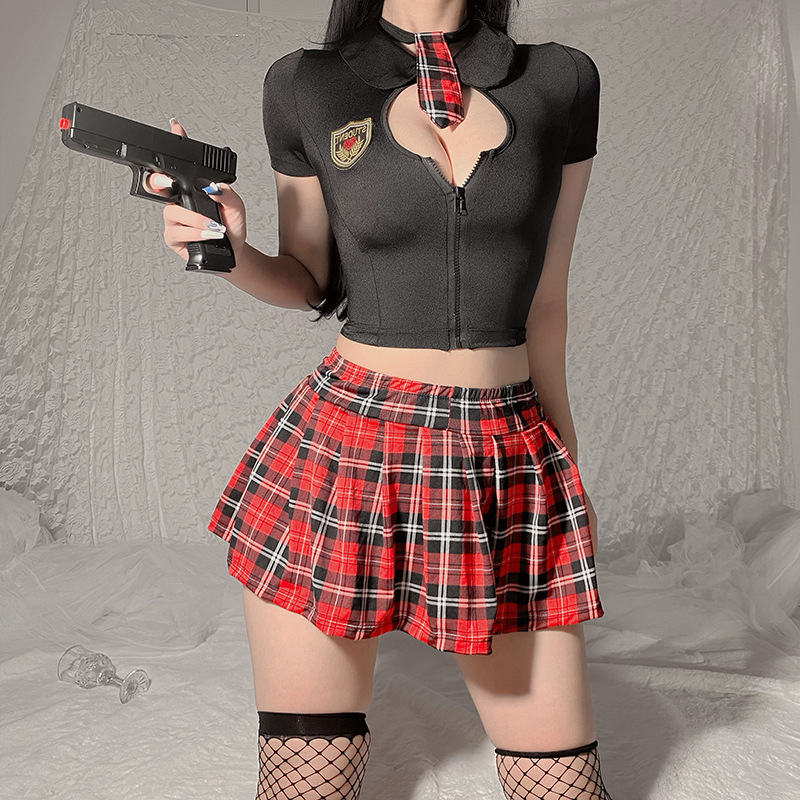British College Style Student Uniform Costume Set with Plaid Skirt, Tie and Stockings - Image 2