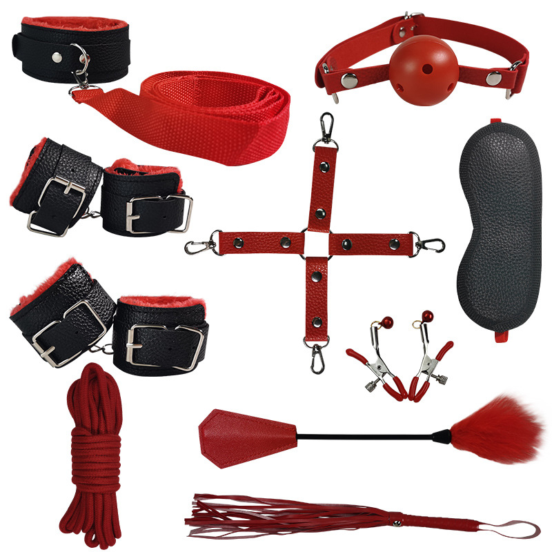 SM Bondage Ten-Piece Set with Handcuffs, Leather, Metal and Plush, Black and Red - Image 5