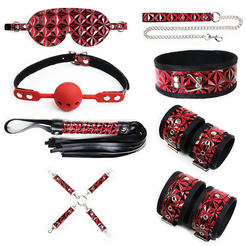 SM Bondage Handcuffs Set 8-Piece Alloy and Leather Restraint Kit in Black - Image 5