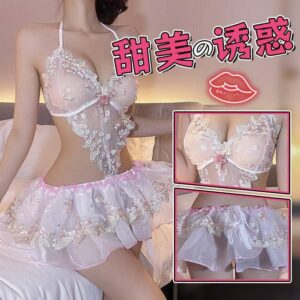 Bridal Veil Lace Lingerie Set with Puffy Princess Skirt and Embroidered Nightgown, Purple One Size