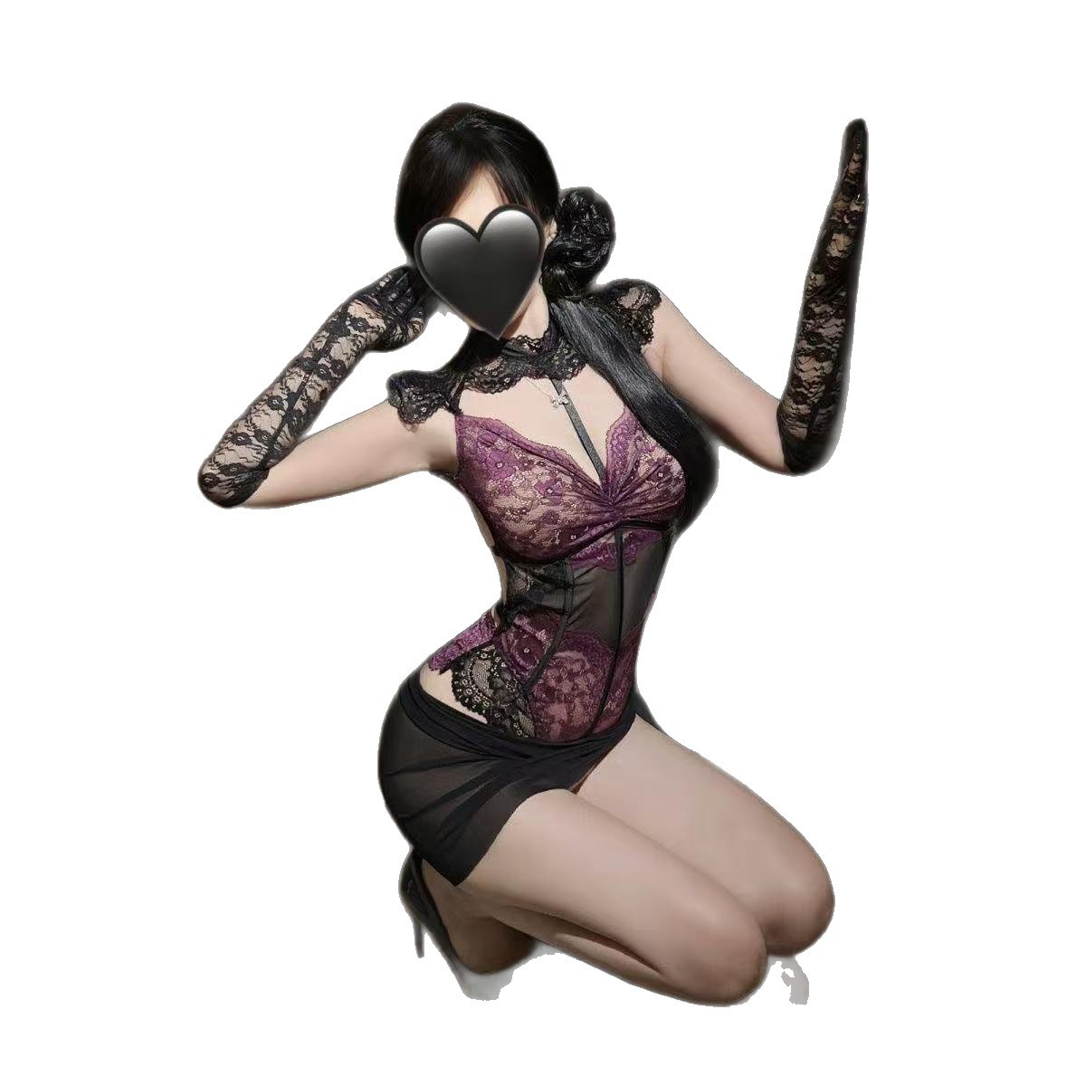 French-Style Lace See-Through Bodysuit Set with Skirt and Patterned Gloves - Image 5