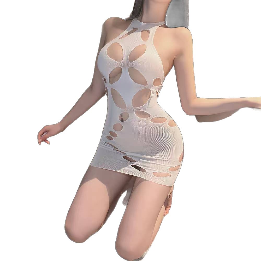 Halter Neck Mesh Bodysuit with Bodycon Skirt, Tearable Ripped Design, Plus Size White Lingerie - Image 5