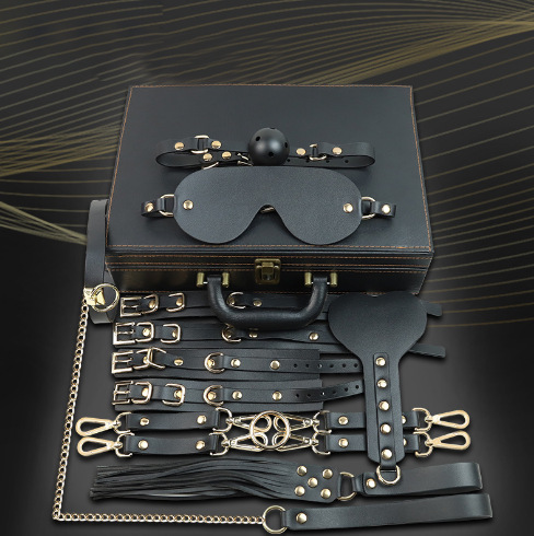 Jiuai PU Leather Bondage Handcuffs Set with Metal Hardware, Black Nine-Piece Kit - Image 3