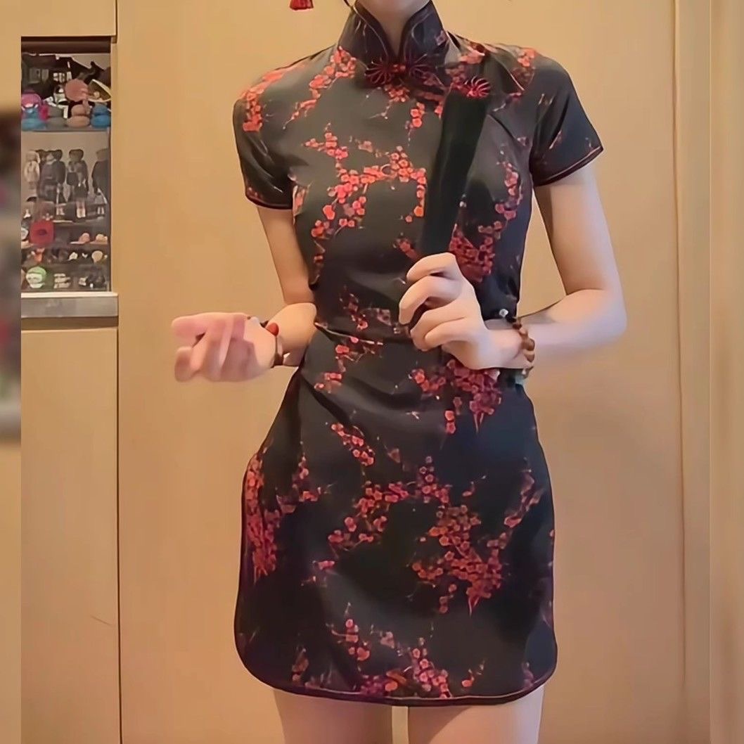 Lolita Maid Apron Cosplay Dress Set with Tie Straps, Short Chinoiserie Cheongsam Style - Image 3