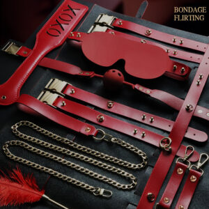 SM Obedience 9-Piece Bondage Set in Pink with PU Leather Nipple Clamps and Handcuffs