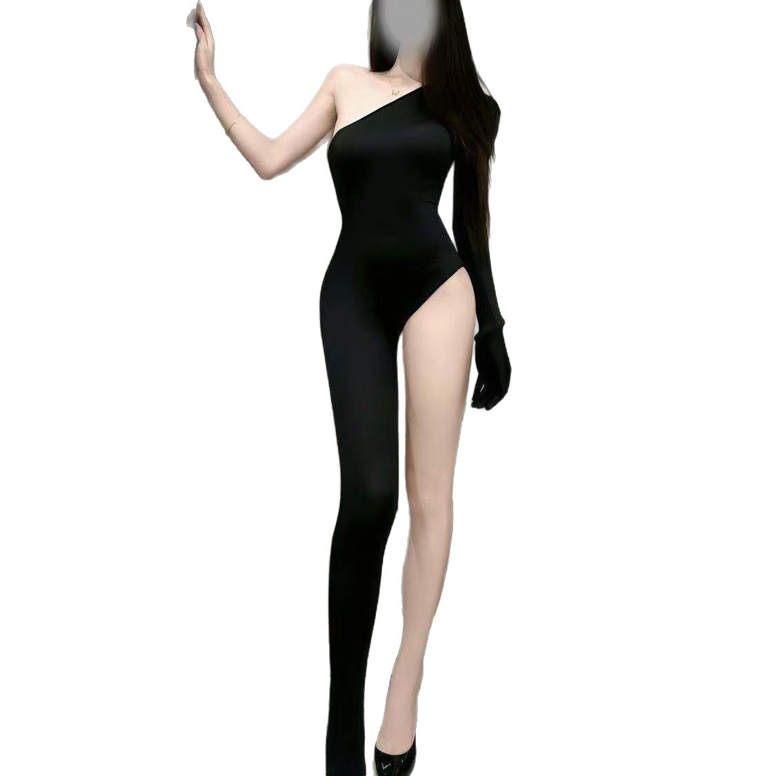 Black One-Shoulder Bodysuit Jumpsuit, Asymmetrical Adult Costume for Women - Image 5