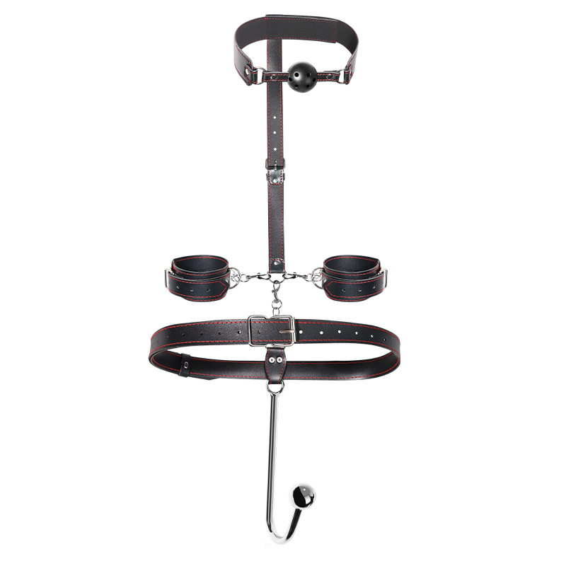 Jiuai Stainless Steel Anal Plug with Bondage Restraint Kit, Black Faux Leather - Image 5
