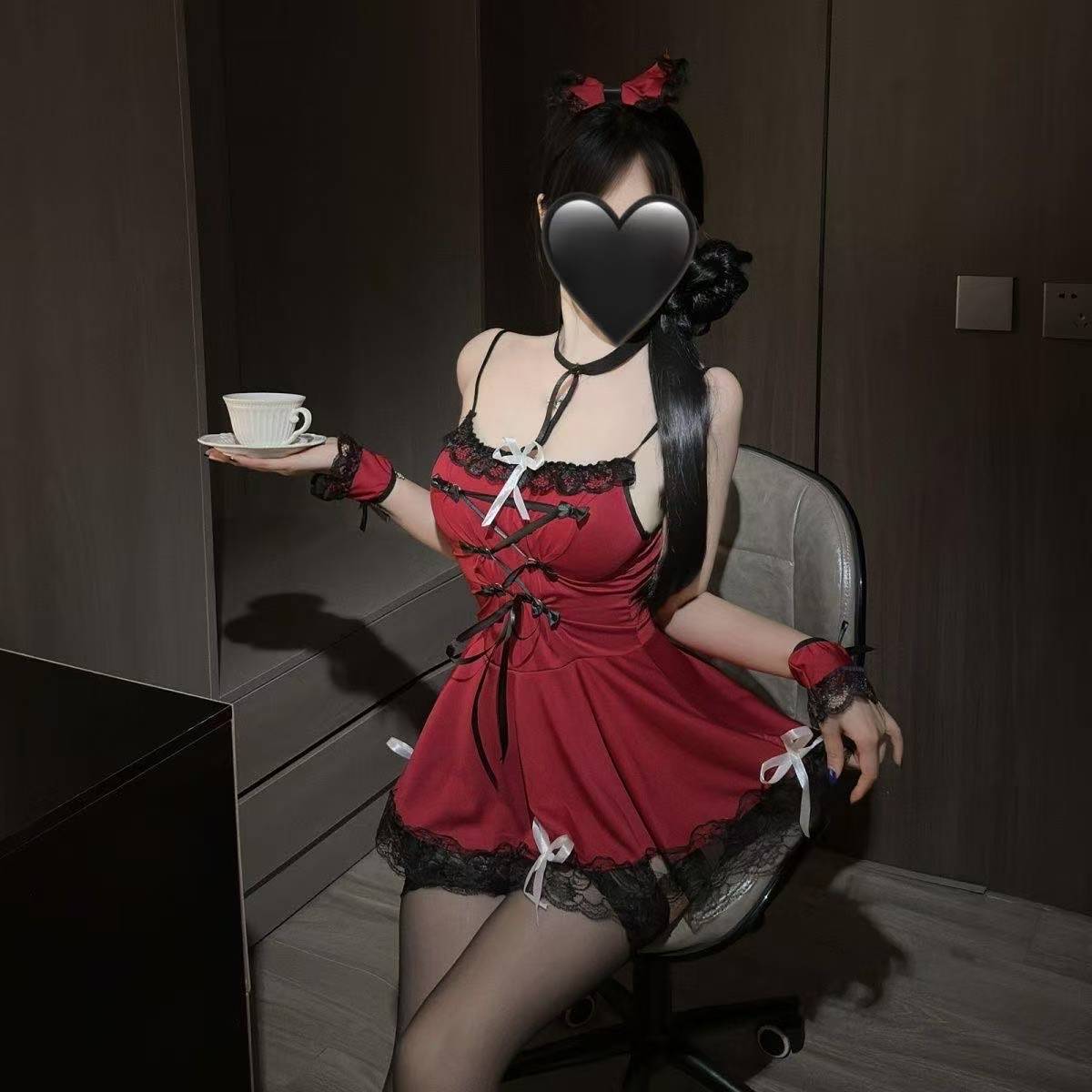 Maid Roleplay Lingerie Set with Red Uniform and Black Bodystocking - Image 2