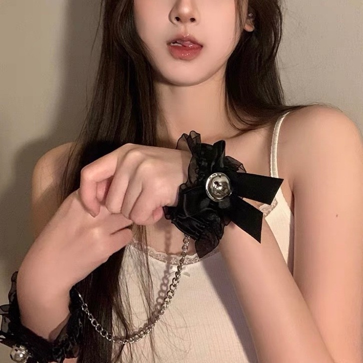 Lace Bow Handcuffs for Couples – Black Lingerie Accessory, Script Killing Game Prop - Image 2