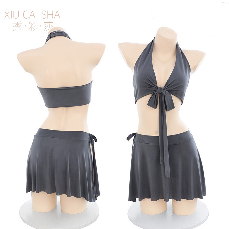 Student Uniform Roleplay Lingerie Set with Halterneck Top, Miniskirt and Crotchless Panties - Image 5