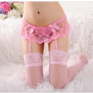 Lace Garter Belt with Stockings Three-Piece Set, Plus Size Pink Lingerie