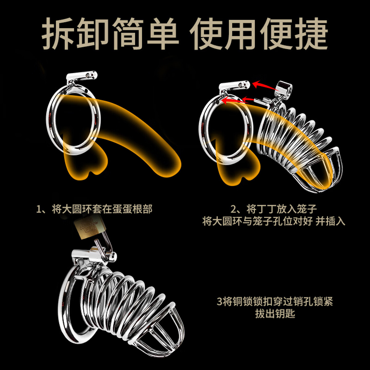 Metal Male Chastity Cage Lock, Snake-Style Birdcage Design, Adult Abstinence Training Device - Image 3