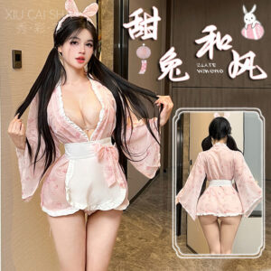 Maid Kimono Bunny Girl Lingerie Set with Apron, Thong, Headband and Choker