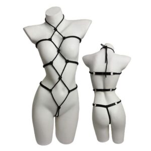 Women's Sheer Mesh Bodysuit Lingerie Set with Rope Detail, One Size