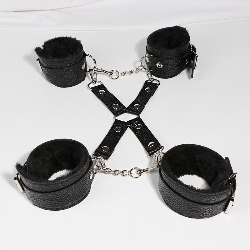 Plush Bondage Restraint Set with Handcuffs, Foot Cuffs, Neck Collar and Blindfold in Black - Image 2