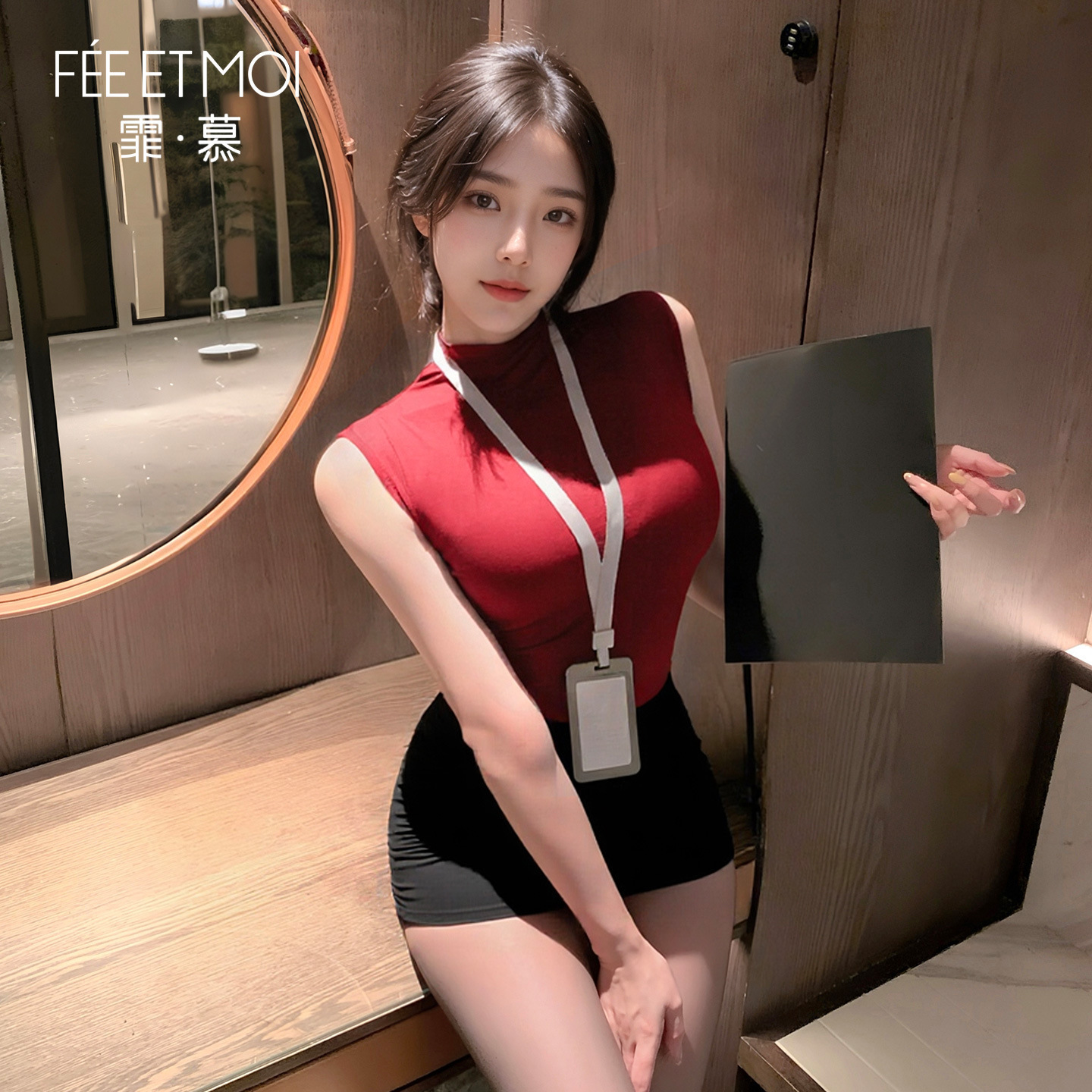 Feimu Secretary Costume Set with Top, Pencil Skirt, Thong and Badge - Image 3