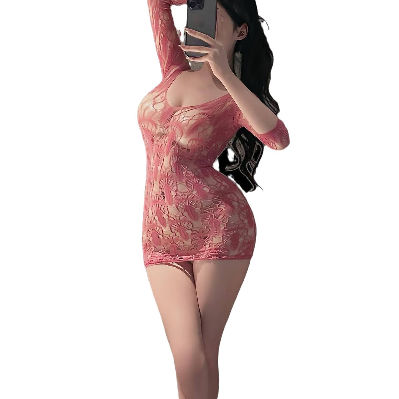 Hollow Jacquard Open-Crotch Babydoll Set with Bag and Posie Socks, One Size - Image 5