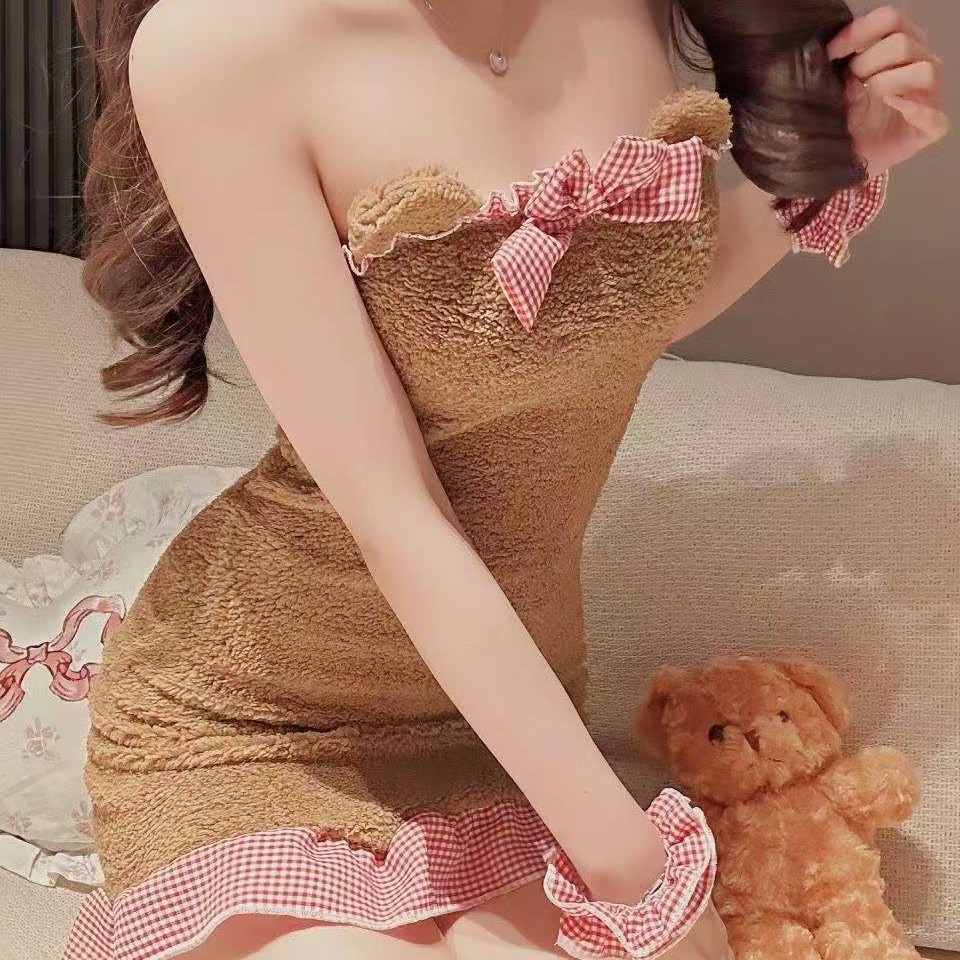 Plush Backless Maid Bear Nightdress with Bow and Hip Skirt, Sexy Polyester Pajama Costume - Image 4