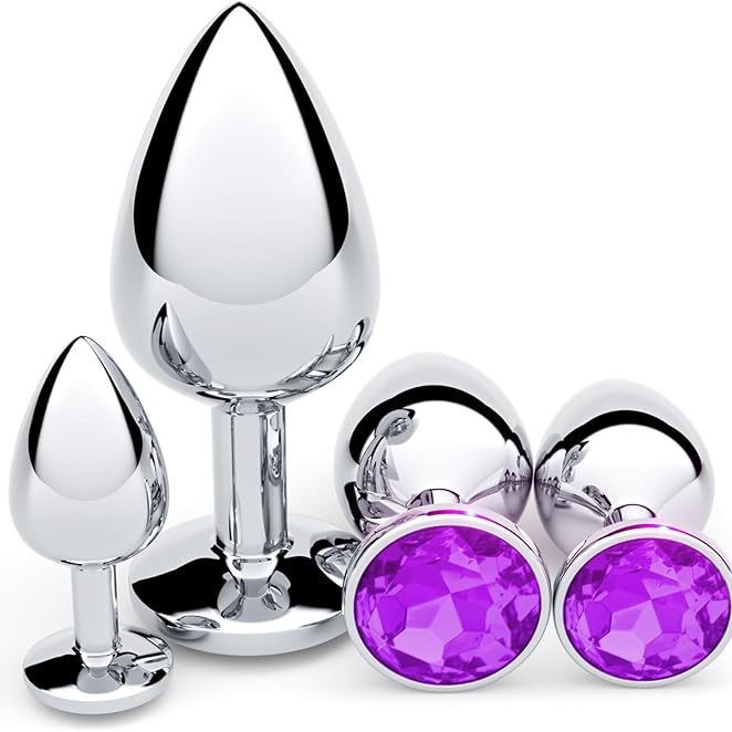 Metal Anal Plug Set with Diamond Detail, 3 Sizes with Velvet Pouch - Image 2