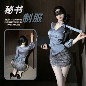 Secretary Roleplay Lace Bodycon Uniform Set with Ribbon Cleavage and Blue Stocking Combo