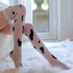 Cow Print Thigh-High Stockings, Spotted Milk White Cosplay Hosiery, Sheer 15D Nylon