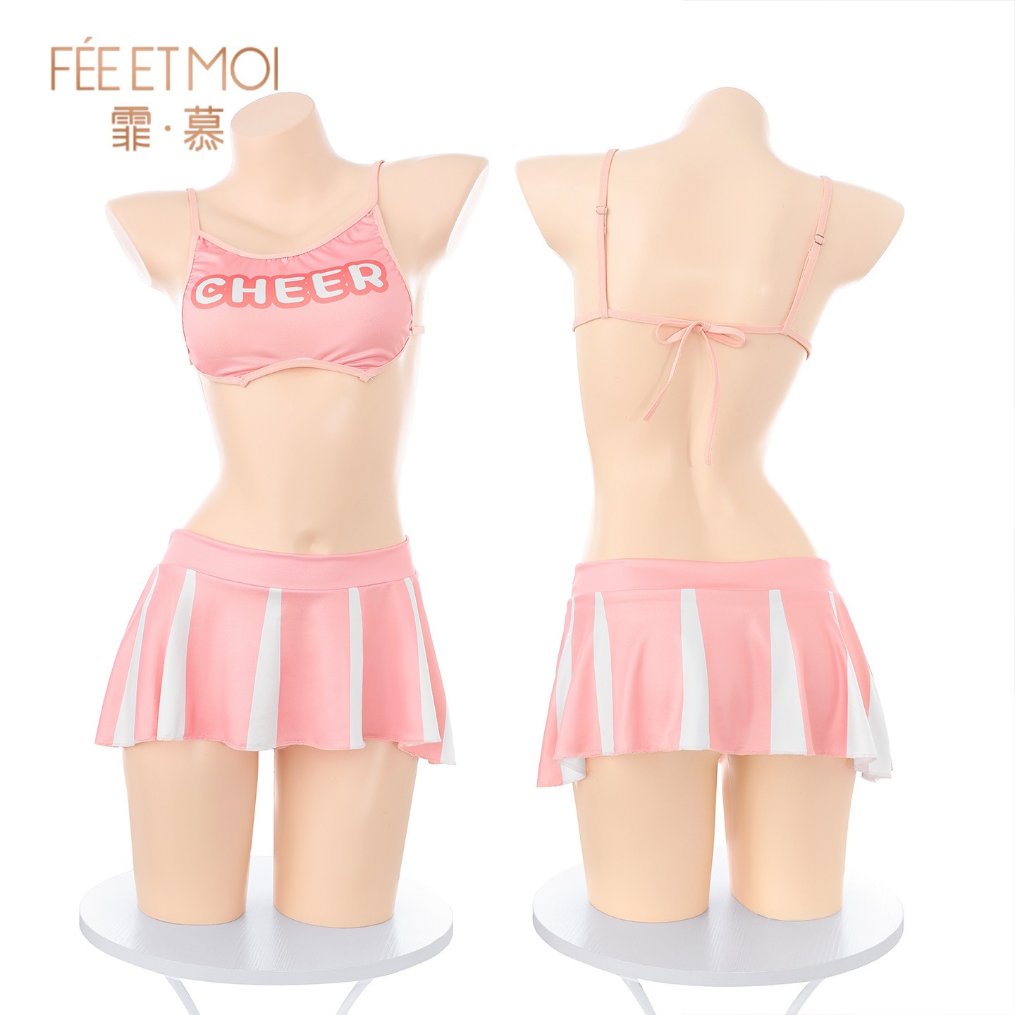 Feimu Cheerleader Costume Set with Mini Skirt, Top, Thong, Choker and Stockings - Image 5
